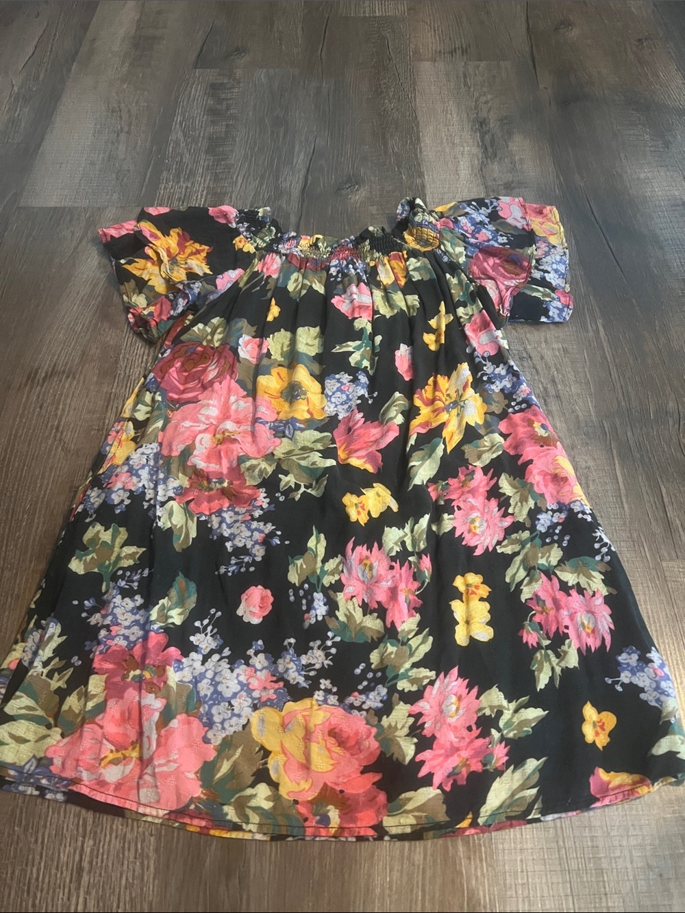 Anthropologie Black Off-Shoulder Tunic with Pink & Yellow Floral Print